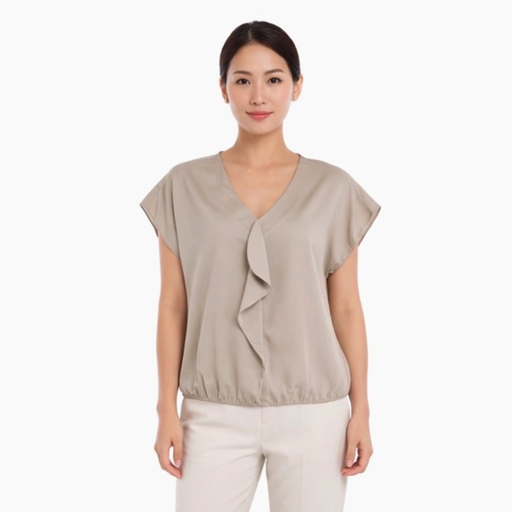 Loft Taupe Gray Ruffle V-Neck Bubble Hem Blouse Top S Preppy Chic‎ Office 69-42